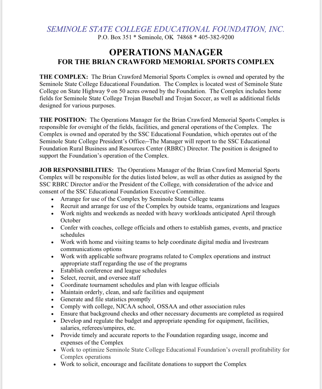 Complex Operations Manager Job Description
