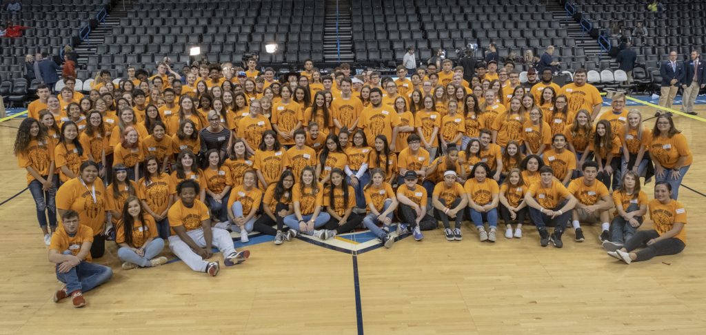 A group of 160 Seminole State College Upward Bound participants pose for a photo at a recent Oklahoma City Thunder game.