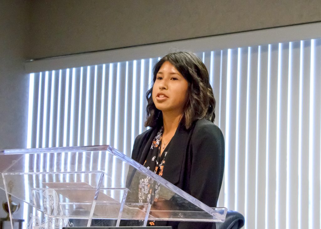 Aysha Bui of Shawnee, a current social sciences major at SSC, speaking during the Board meeting.