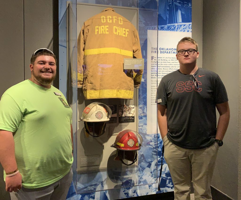 Pictured (left to right): Brandon Jones of Seminole and Charles Presley, Jr. also of Seminole stand by a display of an Oklahoma City Fire Chief’s outfit worn during the tragic events of April 19. Both SSC students serve as volunteer firefighters. Jones is a volunteer firefighter in Strother, and Presley is a volunteer firefighter in Bowlegs.