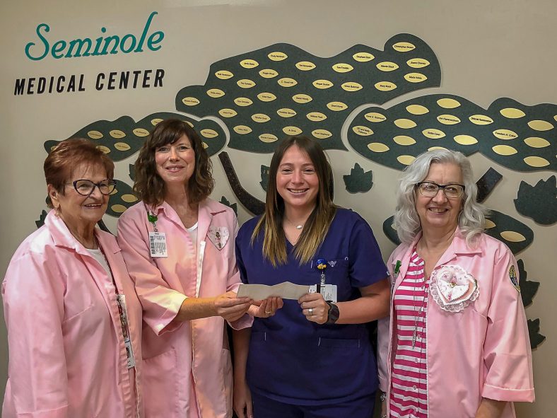 AllianceHealth Seminole Women’s Volunteer Auxiliary, also known as the “Pink Ladies,” present SSC-GCTC Medical Laboratory Technology student Hailey Hernandez with a $500 scholarship. Pictured left to right are: Pat Atyia, volunteer; Joyce Skelton, volunteer; Hernandez, student; and Jackie Whitley, volunteer.