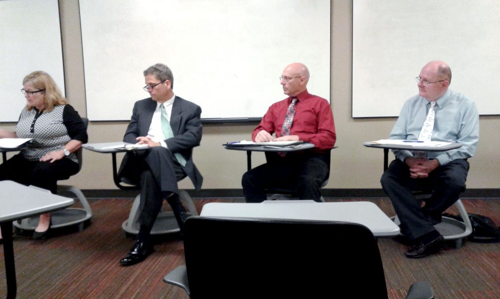 Pictured (left to right), Donna Graves of East Central Univ., Matt Jenkins of Cameron Univ., John Bolander of Seminole State College and  Stephen Phillips of East Central Univ. present on the topic of “Coping with Disruptive Students” at Cameron University on Sept. 8.