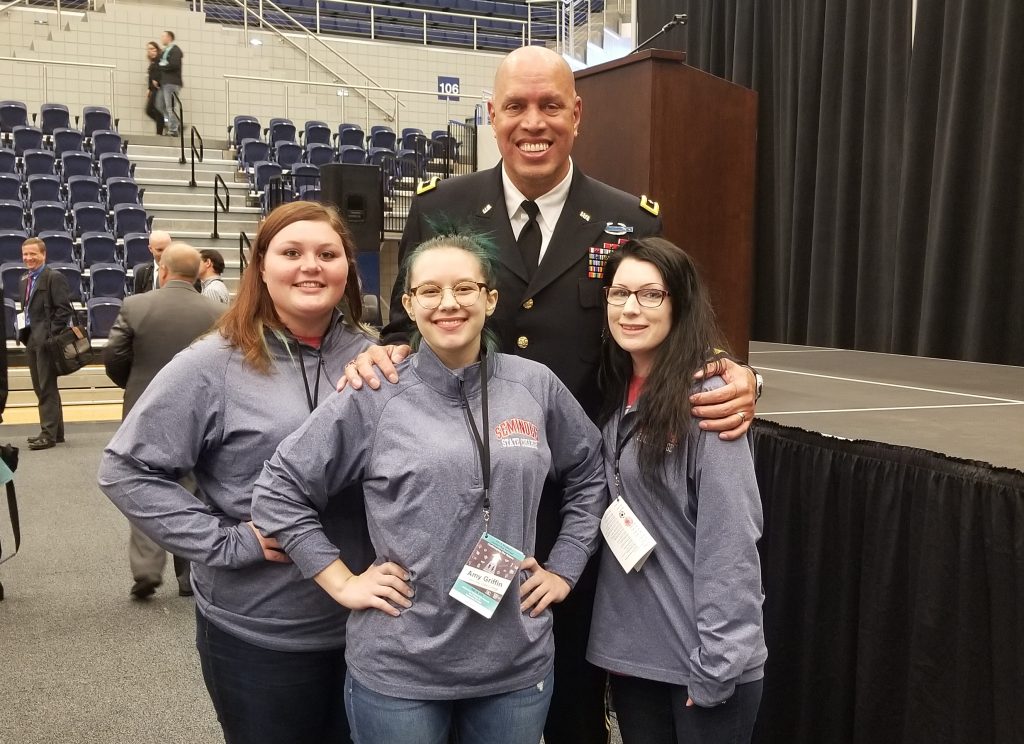 SSC SGA Officers, pictured from left to right, Secretary Kaitlyn Trunk of Okemah, President Amy Griffin of Mcloud and Vice President Allyson Collins Sing of Tecumseh pose with the event’s keynote speaker Major General Michael C. Thompson, the top military advisor to the governor and the commander of the Oklahoma Army and Air National Guard.  