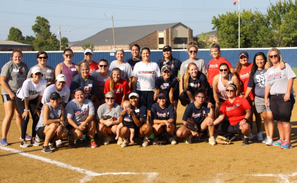 Seminole State College softball alumni pictured (l-r) on the back row are: Abbi Johnson, 2018; Jennifer Edwards Lee, 2007; Kensi Caldwell Drinning, 2007; Hayley Pomplun, 2018; Gail Brock Saunders, 2001; Destinie Lookout, 2016; Kristie Gibson Coggins, 2002; Alissa Taylor, 2015;  Keeli Kessinger, 2014; Samantha Berry, 2015; Cassidy Webb, 2017; Amber Flores, Head Coach and Leslie Brown Sewell, 2002. On the middle row (l-r) are: Kristen Prieto, 2018; Taylor Babb, 2017; Natahlie Smith Miner, 2007; Rebecca Buckley Laney, 2001; Sammy Leisinger, 2015; Morgan Palmer 2016; Chloe Clifton, 2016 and Morgan Wardlow, 2015. On the front row (l-r) are: Tommie Mitts Hancock, 2003; Kelly Hinton Netzel, 2000; Shyanna Sigmund, 2015: Sutv Meely, 2015; Jordan Detherage 2015; Tia Mitchell, 2015 and Alissa Waldron, 2015.