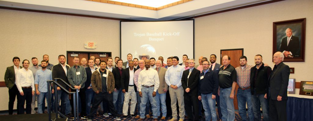 Alumni of former Trojan baseball teams gather in Utterback Ballroom of the Enoch Kelly Haney Center following Seminole State College’s annual baseball banquet.