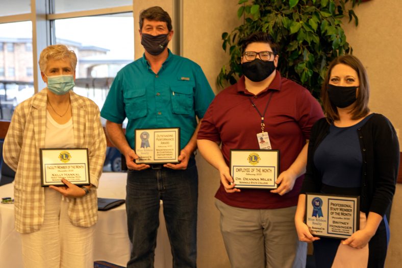 The Seminole Chamber of Commerce honored three of Seminole State College’s employees and one of its departments at the Chamber Forum on March 11. Pictured (l-r) MLT Program Director and Assistant Professor Kelly Hankal, December Faculty Member of the Month; Director of Physical Plant and Campus Safety Ed Lemmings, accepted the February Department of the Month award on behalf of the Maintenance/Custodial staff; COVID-19 Officer and STEM Assistant Professor Dr. Deanna Miles, February Employee of the Month; and Recruitment Specialist Britney Honsinger, December Professional Staff Member of the Month.