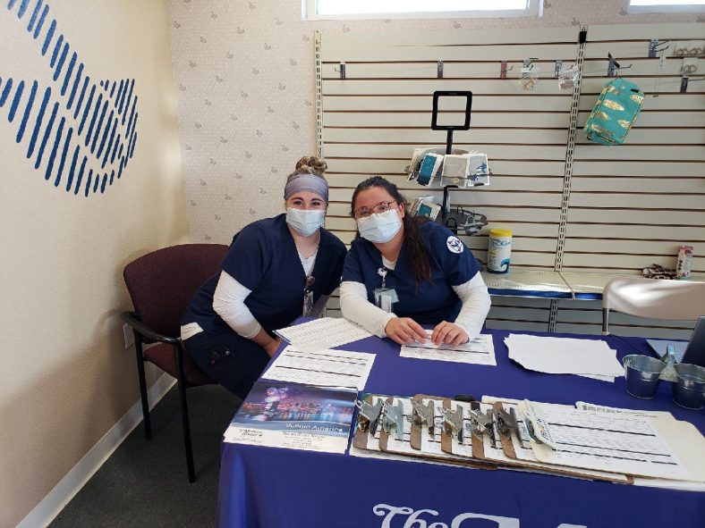 Seminole State College Nursing students Macie Davis of Wewoka (left) and Lori Speers of Shawnee (right) recently administered COVID-19 vaccinations at the Medicine Shoppe in Shawnee.