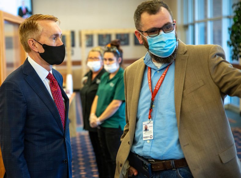 SSC Political Science Professor Jeffrey Christiansen (right) introduces a group of government students to Senator James Lankford at the Seminole Chamber of Commerce Forum on April 7.