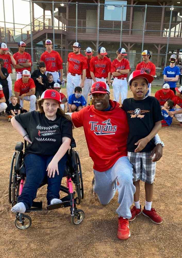 Seminole State College Trojan baseball players worked with members of “A League of Their Own” at the Seminole Softball Quadruplex on April 5. The “League” is a co-ed softball league established to provide an avenue for individuals with cognitive or physical disabilities to play baseball. Trojan players volunteered for three games Monday night. They encouraged and assisted nearly 40 participants as they hit and ran the bases. The “League” plays on Monday evenings and will continue their season through May 24. For more information about the group, contact Holli Daniels at 405-380-7027.