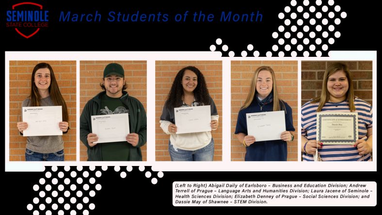 (Left to Right) Abigail Daily of Earlsboro – Business and Education Division; Andrew Terrell of Prague – Language Arts and Humanities Division; Laura Jacene of Seminole – Health Sciences Division; Elizabeth Denney of Prague – Social Sciences Division; and Dassie May of Shawnee – STEM Division.