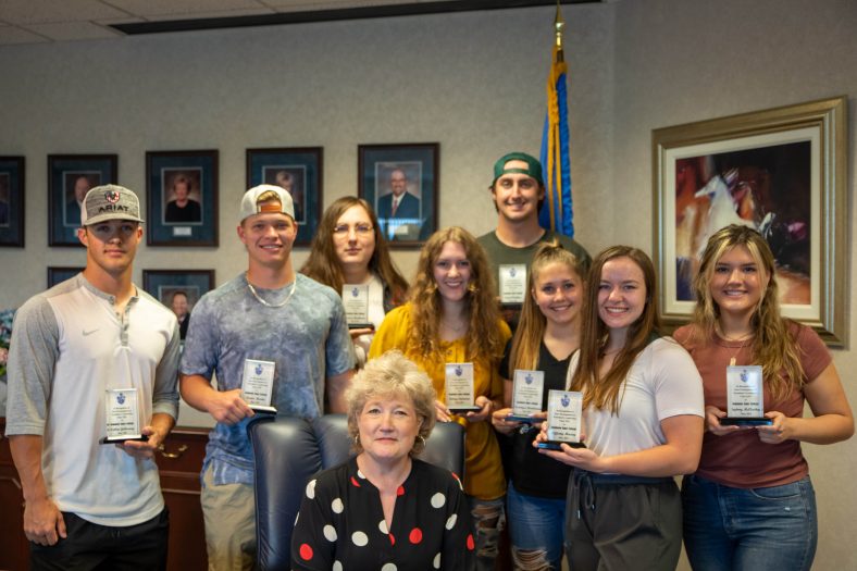 Members pictured with SSC President Lana Reynolds (seated) are (l-r): Callen Golloway of Blanchard, Trevor Martin of Owasso, Connor Buchanan of Wewoka, Kelsey Edminsten of Okemah, Creed Watkins of Duncan, Kandyce Davidson of Wewoka, Tiffany Maxey of Catoosa and Sydney McClaskey of Maud.
