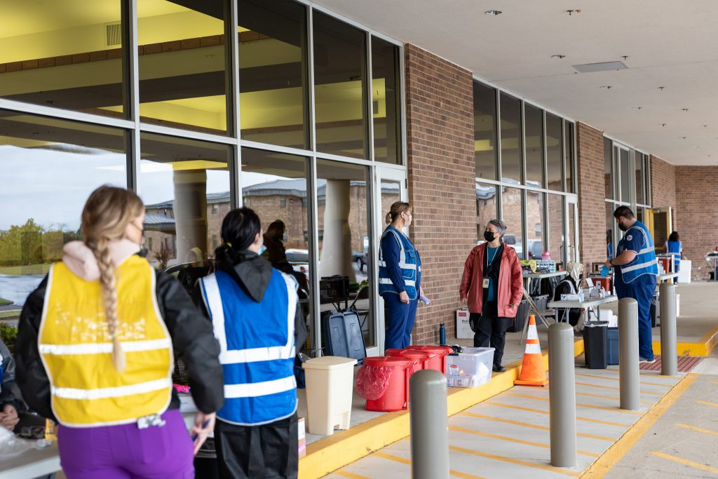 Health workers from the Seminole and Pottawatomie Health Department are shown outside Enoch Kelly Haney Center on Seminole State College’s campus, where they set up a joint flu shot and COVID-19 vaccine clinic on Oct. 27. The health workers administered 112 COVID-19 vaccine and booster shots, as well as 108 flu shots.