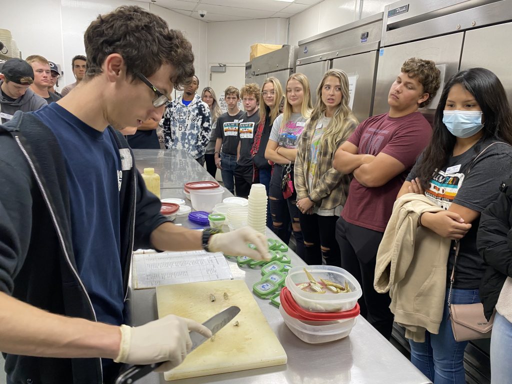 PLC students learn about how food is prepared for different species of fish during a behind-the-scenes tour of the Oklahoma Aquarium located in Jenks.