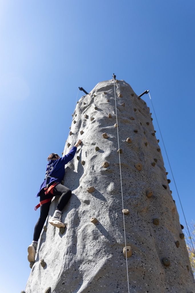 ock Wall

Caption: SSC student Kinnady Grabill, of Anadarko, climbs a rock wall at the Career and Resource Fair on Oct. 6. The rock wall was set up by the Army National Guard