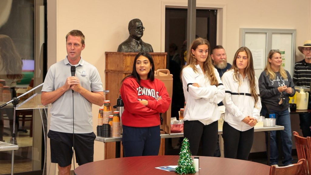 Seminole State College Women’s Soccer Head Coach Dan Hill thanks attendees at a send-off event on Nov. 12 in the E.T. Dunlap Student Union. SSC students, employees, community supporters, family and friends packed into the union to wish the team well as they head to the NJCAA Division I National Tournament in Daytona, Florida. The tournament takes place Nov. 15-20.