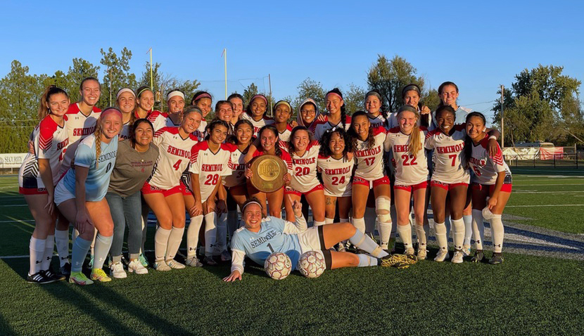 The Seminole State Lady Trojans pose with their trophy after winning the NJCAA Region II Soccer Championship Oct. 30 in Enid.