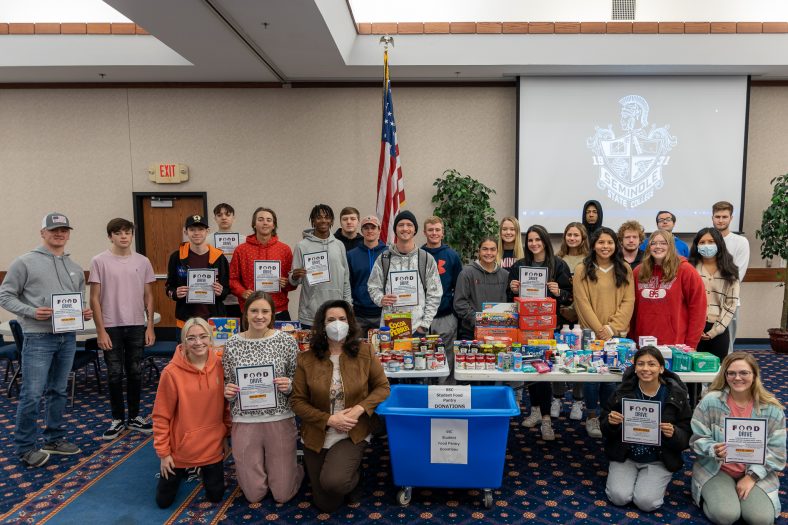 SSC students enrolled in the Leadership Development course pose for a photo with the nonperishable food items, hygiene products and paper goods they gathered to be donated to the College’s Food Pantry and the Salvation Army.