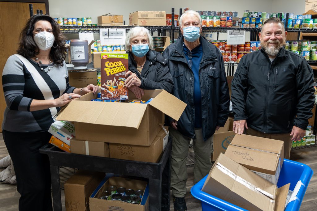 Representatives from the Salvation Army visited the SSC Food Pantry to pick up donations for their program on Nov. 3. Pictured (left to right): Professor of History Marta Osby, Judy and Mike Harrell of the Salvation Army and Vice President for Student Affairs Dr. Bill Knowles.