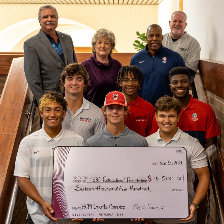 Pictured (front row, l-r): Isaiah Keller of Tulsa, Caden Green of Tulsa, Pepe Casey of Tulsa, (middle row, l-r) Houston Russell of Midwest City, Kegan Magee of Ft. Worth, Larry Edwards of Tulsa, (back row, l-r) SSC President Emeritus Dr. Jim Utterback, SSC President Lana Reynolds, Head Baseball Coach Mack Chambers and SSC Educational Foundation Chair Lance Wortham.