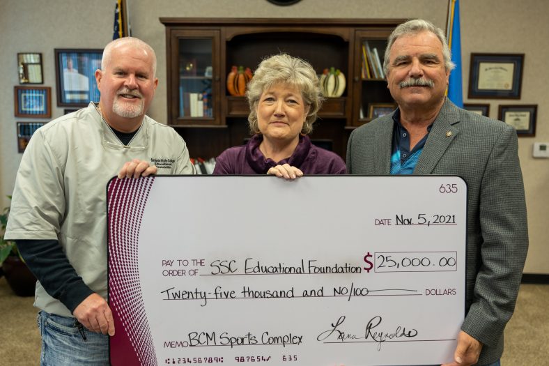 Pictured (left to right): SSC Educational Foundation Chair Lance Wortham, SSC President Lana Reynolds and SSC President Emeritus Dr. Jim Utterback pose with a check for $25,000 to the SSC Educational Foundation from SSC President Lana Reynolds.