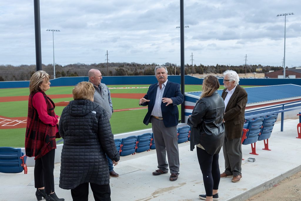 SSC President Emeritus Dr. Jim Utterback, who is overseeing the project, visits with Trustees during the tour. Construction continues on the complex, which includes a college baseball field, four youth baseball/softball fields, the Avedis Adaptive Field for persons with special needs and a soccer field. The SSC Educational Foundation is the owner and operator of the facility.