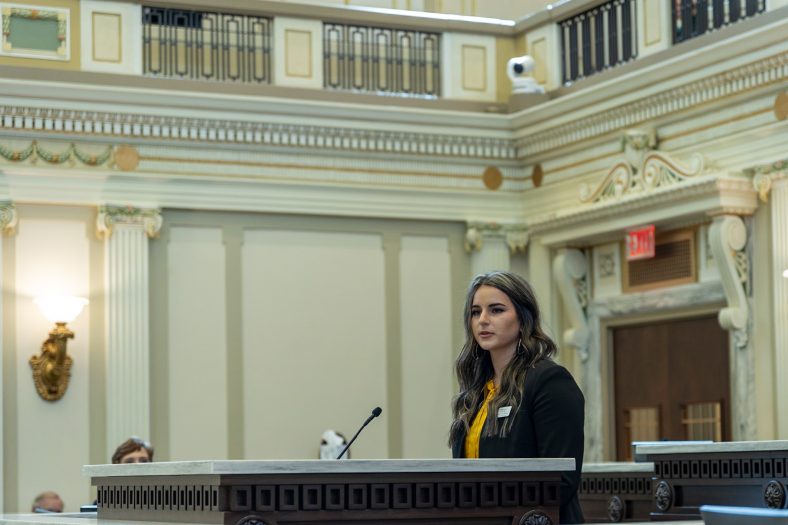 Hailey Wallace delivers her Higher Education Day Speech at the State Capitol on Feb. 15.
