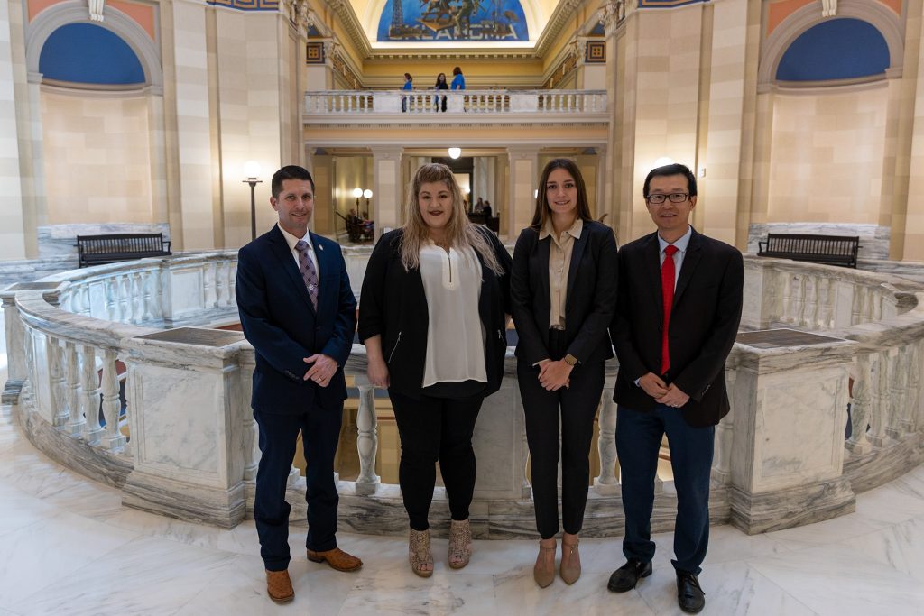 Pictured (left to right): State Senator Zack Taylor (R-District 28) congratulates All-Oklahoma Academic Team Honorees Elizabeth Thomlison and Jessica Waddell, as well as their PTK honor society advisor and SSC Associate Professor of Business Dr. Jeff Cheng.