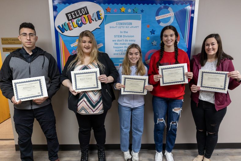 February’s students of the month are (pictured left to right): Mohamad Al Ali of Wewoka – STEM, Elizabeth Thomlinson of Shawnee – Social Sciences, Reyna Alvarado of Shawnee – Language Arts and Humanities, Anna Beth Fehrle of Mustang – Business and Education and Alexa Newton of Seminole – Health Sciences.