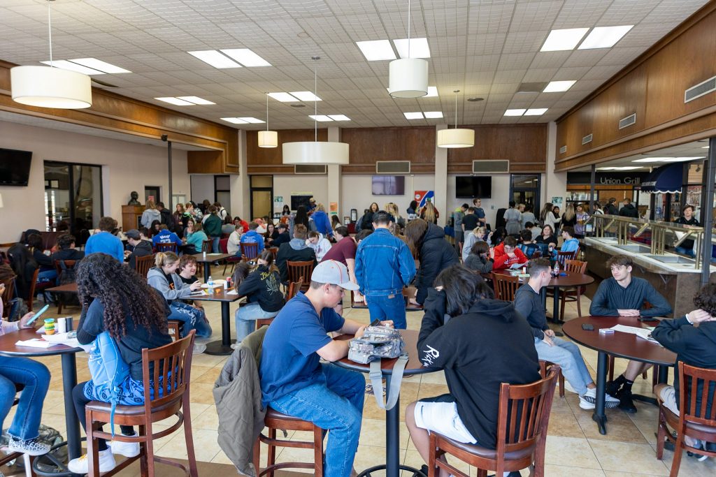 A crowd of students from 35 high schools across the state enjoy the SSC student union between rounds of the college’s 48th annual Interscholastic Meet on March 24.