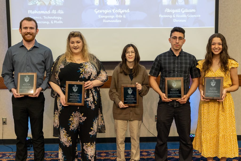 Each of the five academic division named one Outstanding Student of the Year. Pictured (left to right): Spencer Sturgill of Shawnee, Business and Education; Elizabeth Thomlinson of Shawnee, Social Sciences; Georgia Ledford of Tecumseh, Language Arts and Humanities, Muhammad Al Ali of Amman, Jordan, STEM, and Abigail Gilliam of Macomb, Health Sciences.