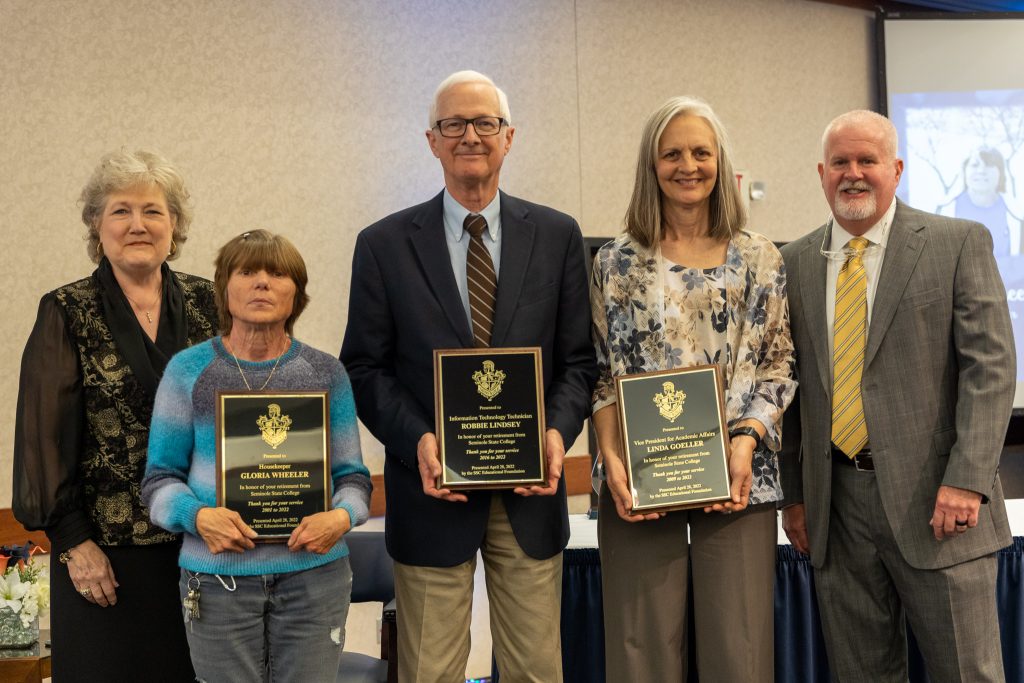 President Lana Reynolds (far left) and Educational Foundation Chair Lance Wortham (far right) pose with three SSC employees who were celebrated at the event for their upcoming retirements: Gloria Wheeler, Robbie Lindsey and Dr. Linda Goeller.