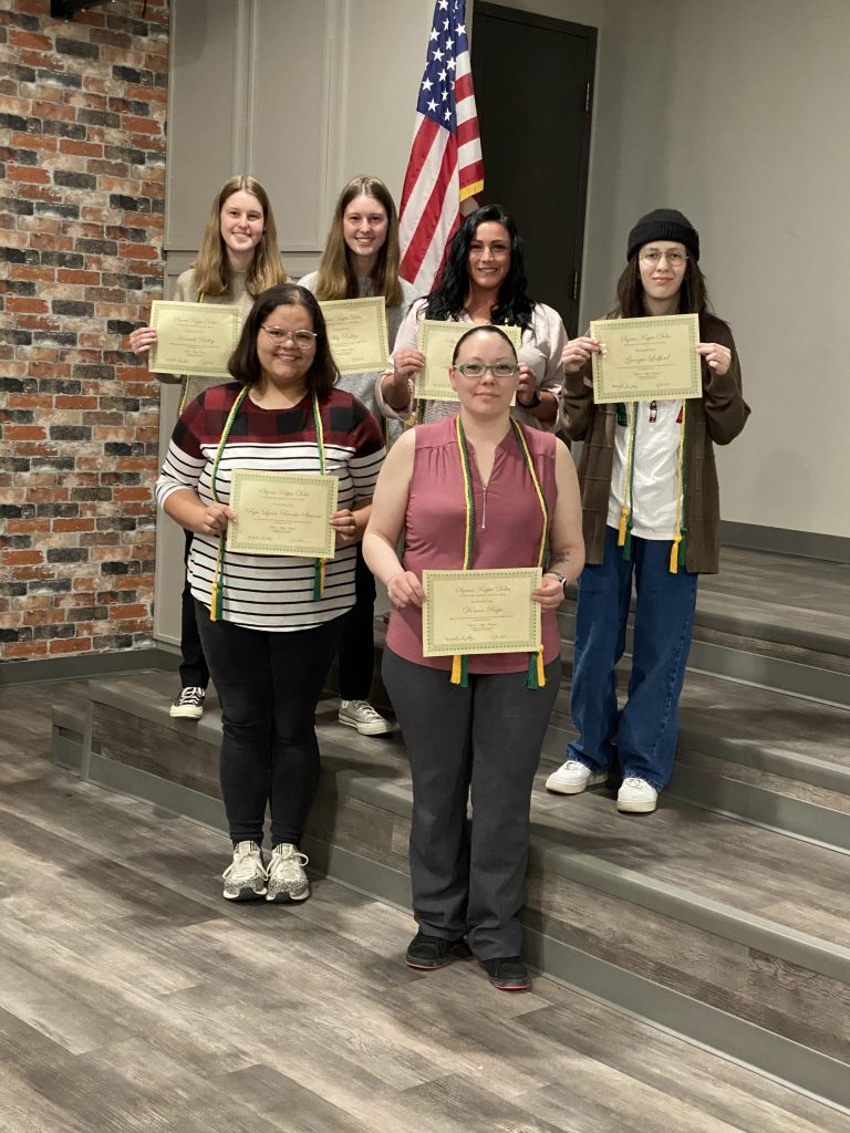 Seven Seminole State College students were inducted into the Sigma Kappa Delta honor society. (Pictured here, back row, left to right): Hannah Ridley of Tecumseh, Abby Ridley of Tecumseh, Tara Pool of Shawnee, Georgia Ledford of Tecumseh; (front row, left to right) Rya’Lynn Simons of Maud and Donna Rupe of Shawnee. Not pictured but also inducted this semester is Victoria Peyrera of Seminole.