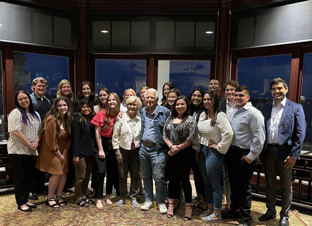 The 2022 Nigh Academy Scholars pose with former Gov. George Nigh and his wife Donna (center). Students from colleges across the state are nominated by the presidents of their institutions for the honor.