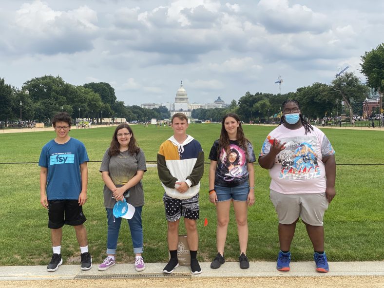 SSC GEAR UP students pose in front of the National Mall during their trip to Washington, D.C. for the Youth Leadership Summit. Pictured (left to right): Richard Tubbesing of Asher, Giulietta Cook of Konawa, Jonathan Wiseman of Holdenville, Quennett Grieve of Holdenville and Sydney Robinson of Holdenville.