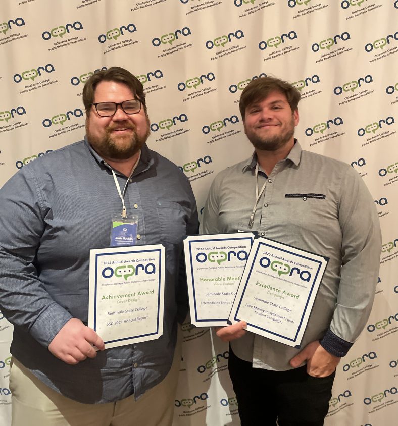 SSC Communications Coordinator Josh Hutton (left) and Brooks Nickell (right) won three awards in the categories of Cover Design, Video Featurette and Campaign at the annual Oklahoma College Public Relations Association conference at the Artesian Hotel in Sulphur on July 11.