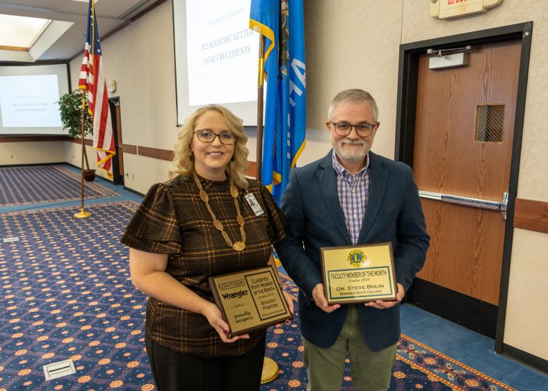 Admissions Clerk and VA School Certifying Officer Stacey Foster (left) was honored as the “Staff Member of the Month” and Professor of History Dr. Steve Bolin (right) was honored as the “Faculty Member of the Month” at the Seminole Chamber of Commerce Forum on Oct. 20.