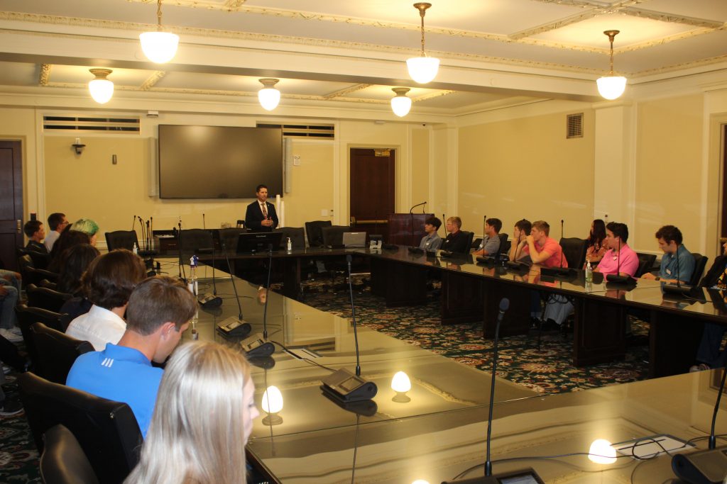 Sen. Zack Taylor speaks to SSC President’s Leadership Class students about the importance of voting during the group’s visit to the State Capitol.