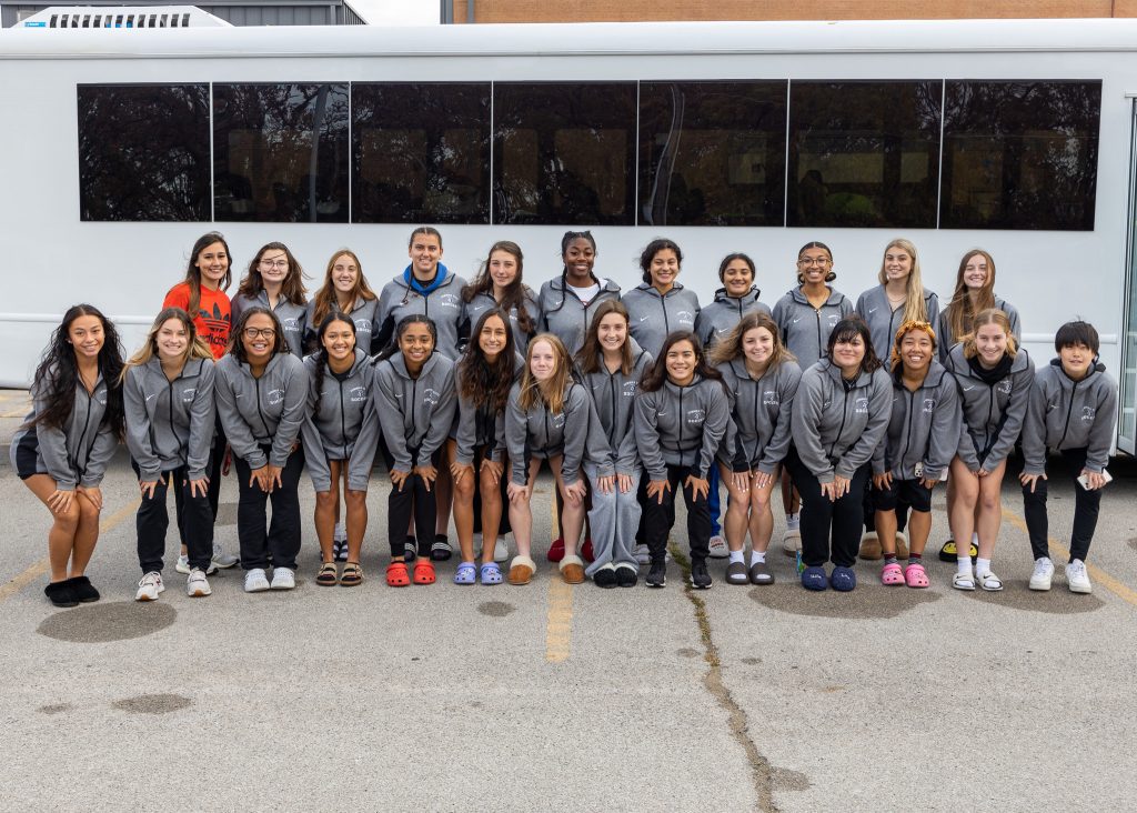 The women’s soccer team poses in front of the bus before making their departure on Nov. 10. The team enters the tournament as the fifth seed. This marks their fourth consecutive year to compete in the NJCAA Division I National Tournament.
