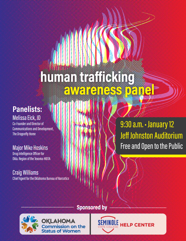 This is a poster for the panel discussion on human trafficking awareness that will be presented in two separate programs Thursday, Jan. 12 on the campus of Seminole State College. The poster includes event information found in the article.