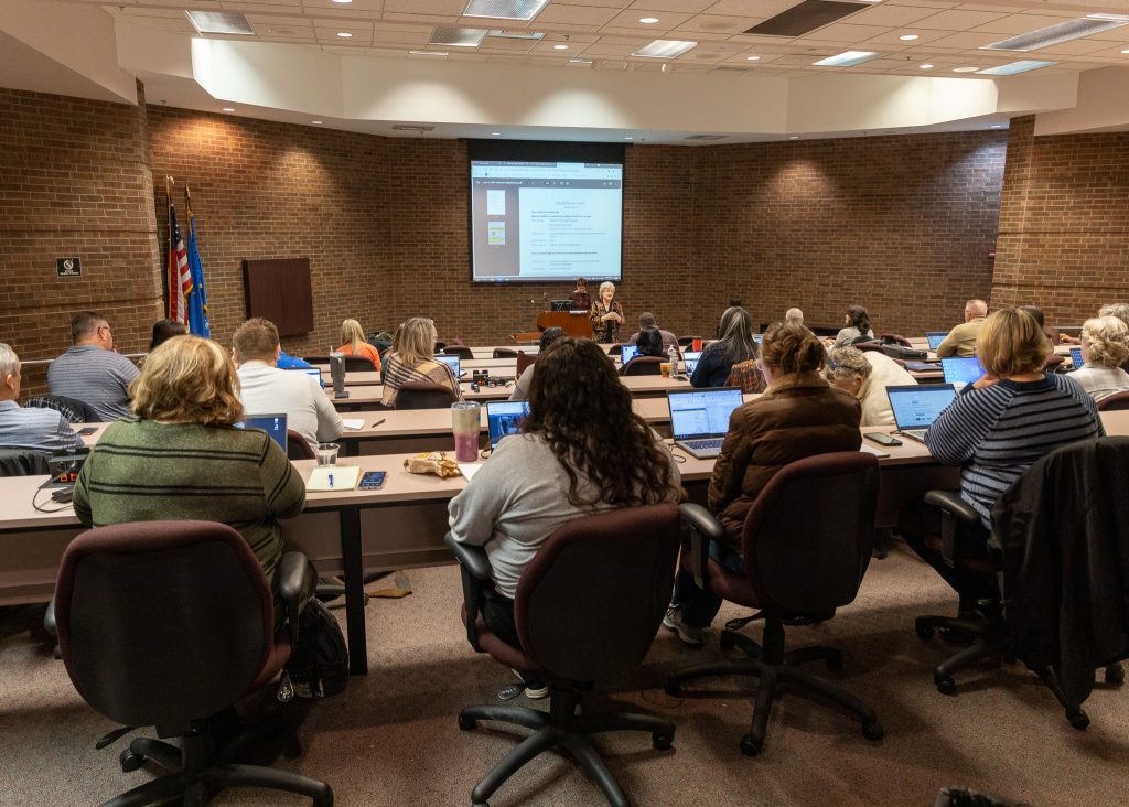 Instructors are shown being welcomed to the winter in-service training on Friday, Jan. 6 in the Enoch Kelly Haney Center on campus by President Lana Reynolds.