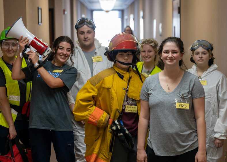 SSC nursing students participated in a disaster response simulation on Feb. 22 in the Enoch Kelly Haney Center. Pictured (left to right): Melissa Johnston, Cierra Stevenson, Bryan Davis, Dariyan Fancher, Katty Nelson, Jessica Taylor and Amanda Flores.