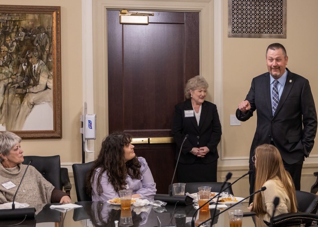 Pictured speaking is Oklahoma State Senator Grant Green (R-Wellston) who represents the Seminole area in the Legislature and was one of seven elected officials who spoke to the Seminole State College delegation of community and campus leaders during a luncheon at the Capitol on Tuesday.