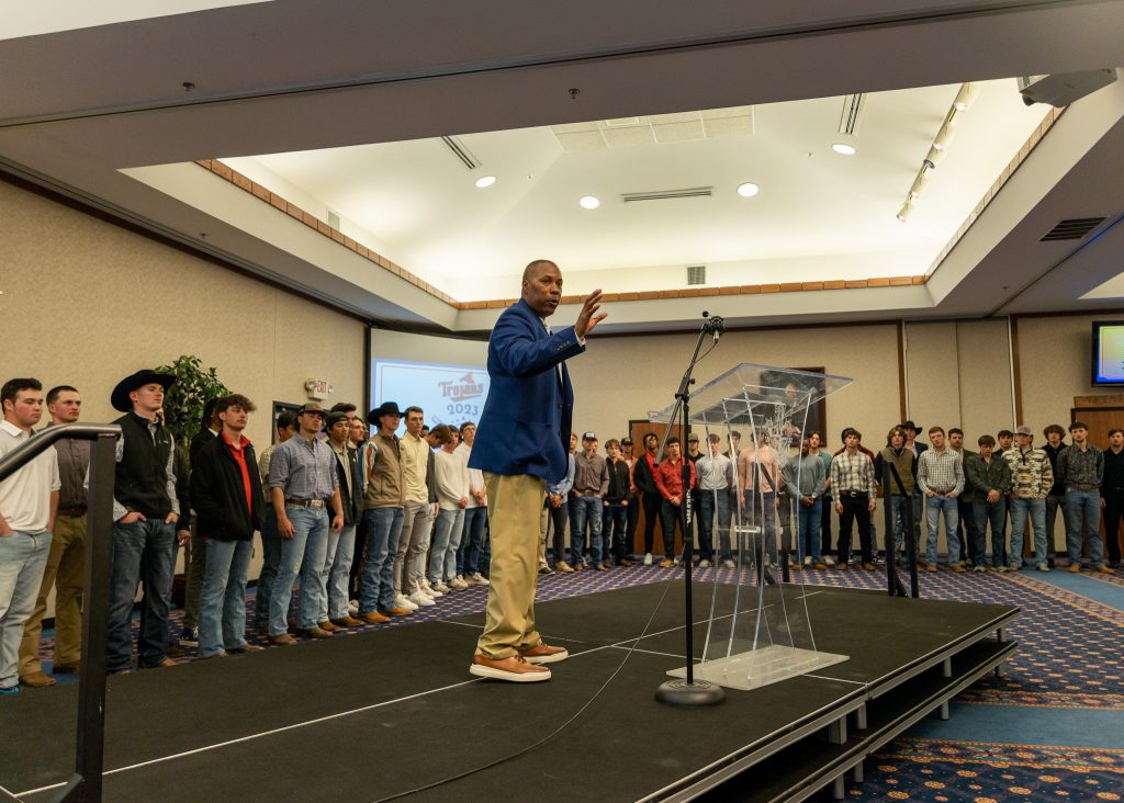 Trojan Baseball Head Coach Mack Chambers introduces the 2023 team during at the banquet.