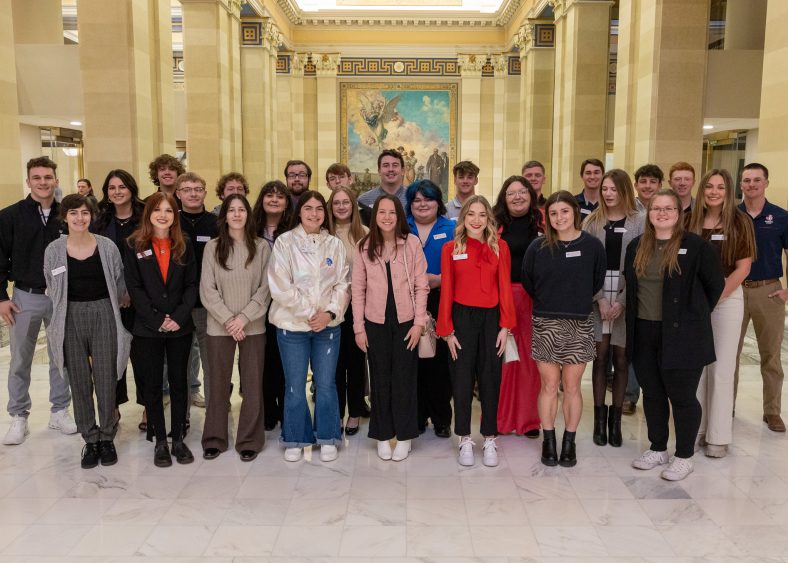 30 President’s Leadership Class students and two members of the College’s Student Government Association pose for a group photo during Higher Education Day at the Capitol in Oklahoma City, Tuesday, Feb. 14.