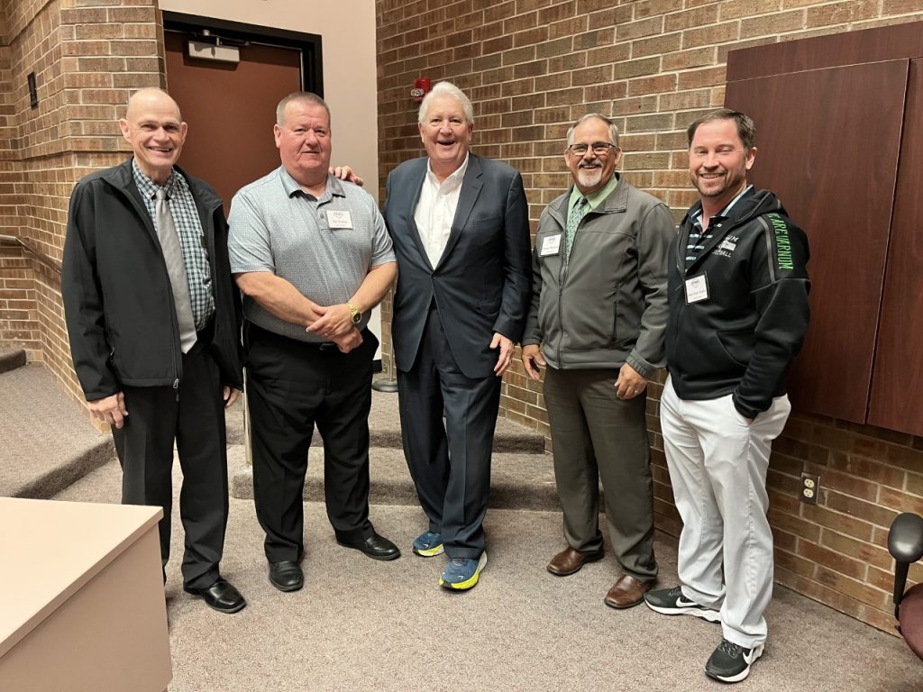 Pictured (left to right): Seminole Public Schools Superintendent Dr. Bob Gragg, Carney and Wanette Counselor Val Gokey, Mike Turpen, Varnum Public Schools Superintendent Monte Thompson and Varnum High School Principal Jon Marc Hadley