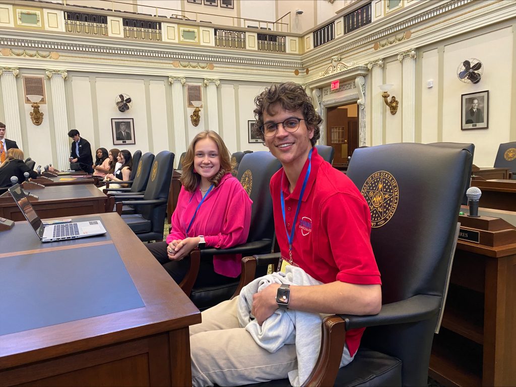 Seminole State College students Danielle Sullivan (left), a sophomore from Holdenville, and Benjamin Parker (right), a freshman from Shawnee, attended the Oklahoma Student Government Association Spring Congress April 21-23 at the State Capitol in Oklahoma City. Students representing colleges and universities across the state, participated in proposing, writing, debating and lobbying for legislation to be considered by the Oklahoma State Regents for Higher Education with the potential for being enacted into law by the Oklahoma Legislature.