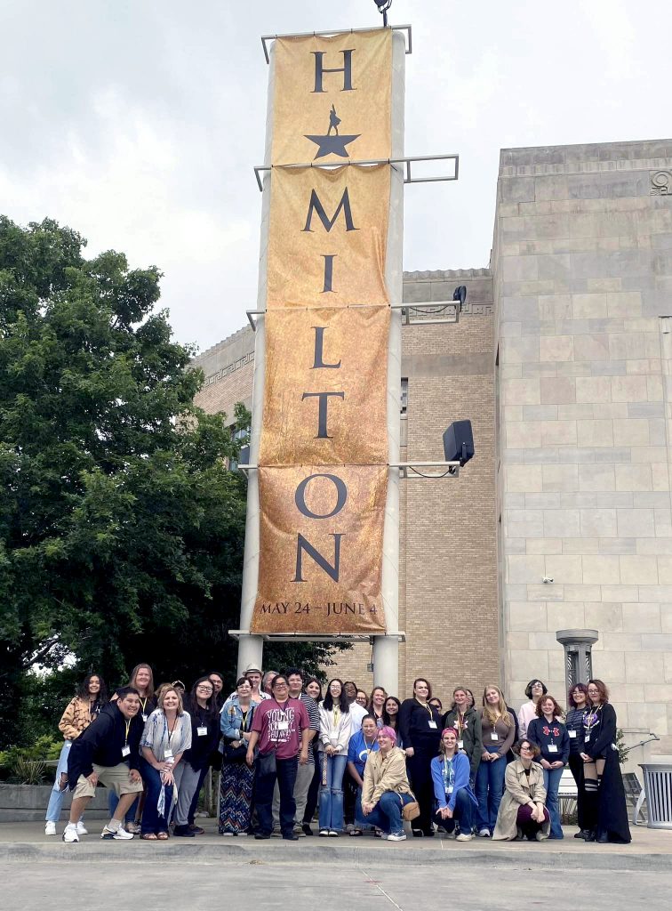 SSC Talent Search/FOCUS Program, along with volunteers from SSC Student Support Services Program pose for a photo during their trip to the OKC Broadway production of Hamilton.