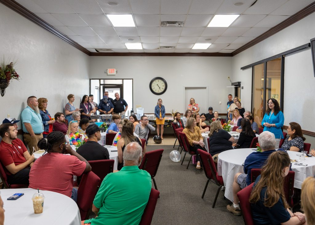Pictured are Co-workers, family and friends who gathered to celebrate the retirement of Talent Search Director Mary Ann Hill and Upward Bound Head Coordinator Ronnie Williamson in the E.T. Dunlap Student Union on June 26.