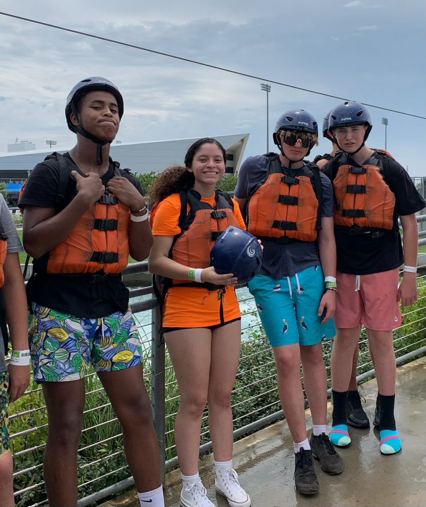Pictured in life jackets, several members of the Seminole State College Talent Search/FOCUS grant program prepare for white water rafting at Riversport OKC.