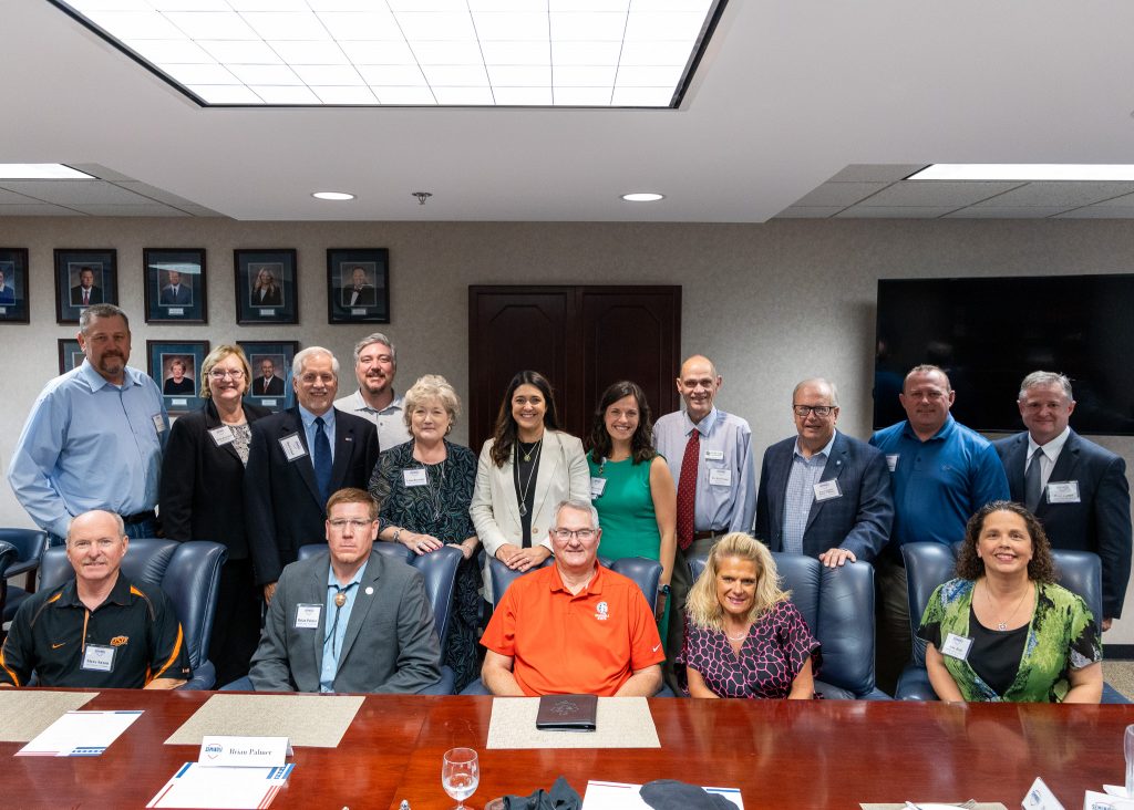 Pictured: (seated, left to right) Seminole City Manager Steve Saxon, Assistant Chief of the Seminole Nation Brian Palmer, Director of the SSC Rural Business and Resources Center Danny Morgan, Brewster and Associates Consultant Karel Brewster and Seminole Chamber Executive Director Amy Britt; (standing, left to right) State Senator Grant Green (District 28), President of BancFirst Debbie Kuykendall, President of Security State Bank Mark Schell, Pam Robinson Real Estate Broker Associate Dillon Robinson, SSC President Lana Reynolds, Congresswoman Bice, Family Medicine Physician Dr. Jenna Geohagan, Superintendent of Seminole Schools Dr. Bob Gragg, State Representative Danny Williams (District 28), President of First United Bank Billy Norton and Seminole City Attorney and Assistant Adjutant General of the Oklahoma National Guard Brad Carter.